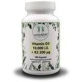 Vitamin D3 10.000 i.E.  + K2 200 mcg MK-7 D3 10000 Depot - 180 Kapseln D3+K2