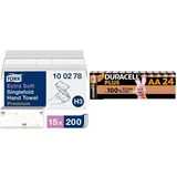 Tork extra weiche Zickzack Papierhandtücher Premium 100278 - H3 Falthandtücher für Zickzack Papierhandtuchspender - besonders saugfähig & Duracell Plus Batterien AA