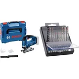 Bosch Professional 18V System Akku Stichsäge GST 18V-125 B (mit Bügelhandgriff) + 10x PRO Hardwood and Laminate Stichsägeblatt-Set (für Hartholz, Parkett, Länge 83 mm, Zubehör)