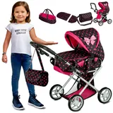 kinderplay Puppenwagen Puppenwagen 3in1 – höhenverstellbar – Innen & Außen – Tragetasche, (Set)