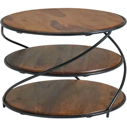 Kadima Design Sheesham-Massivholz Couchtisch, außergewöhnliches Design, 3 Ablageflächen, Robust. 58x58x40 cm