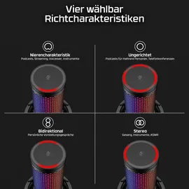 HyperX QuadCast 2 S USB-Mikrofon, RGB-Beleuchtung, 32-Bit/192 kHz Audio, vier Richtcharakteristiken, Tap-to-Mute-Sensor, Multifunktionsknopf, abnehmbare Dämpferhalterung, NGENUITY-kompatibel, Schwarz