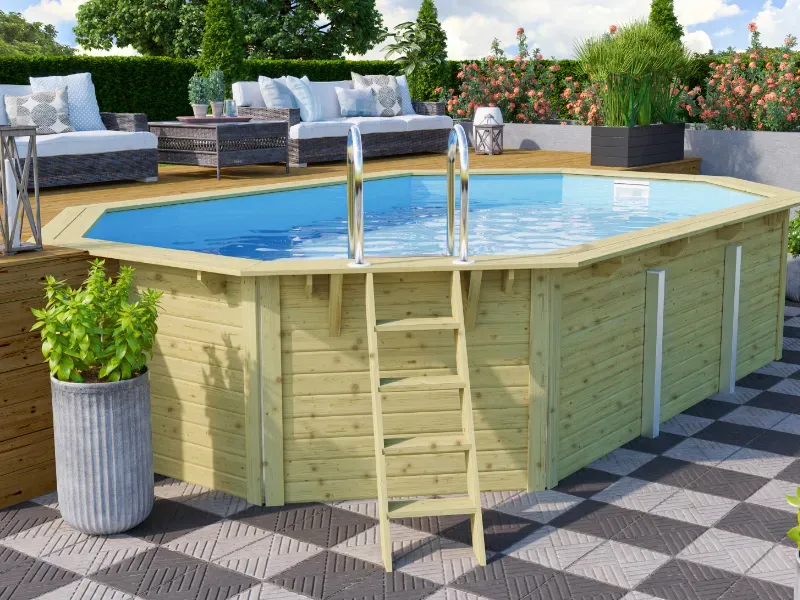 TREND Holzpool Set Achteck Langform 610 x 400 x 124 cm Innenhülle blau