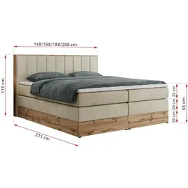MKS Meble King Boxspringbett 180x200 mit Bettkasten Eiche, Polsterbett 180x200 mit Matratze H3, Bett 180x200 mit Rahmen in Wotan Eiche und Kopfteil... - Beige
