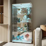 BRILVERDE Glasvitrine mit LED-Beleuchtung und Spiegelrückwand, Abschließbare Standvitrine mit 2 Türen, 4 Ebenen Glasablagen, Sammlervitrine für Wohnzimmer, Büro & Bücher, Weiß