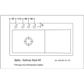 Villeroy & Boch Subway Style 60 links stone white + Handbetätigung