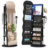LVSOMT LED Schmuckschrank mit Gewellt Spiegel, 360° Drehbarer Schmuckschrank Abschließbar, Bogen Spiegelschrank Stehend Wohnzimmer Schlafzimmer, 3 Regal & 3 Häkchen, Geschenke für Damen, Schwarz
