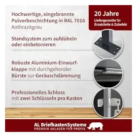 AL Briefkastensysteme 23 Fächer Premium Stand Briefkasten Anlage in RAL 7016 Anthrazit für Post A4, robust, wetterfest, Artikelnummer: 132P23S3KSP7016