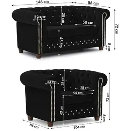S-Style Chesterfield Polstergarnitur 2+1 Cleo Blink ¦ schwarz ¦ Maße (cm): B: 148 H: 72