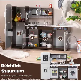 Costway Kinderküche, Eck Spielküche mit Licht, Sound, 7 Zubehör, Spielzeugküche mit Eismaschine, Mikrowelle, Waschmaschine Holz für Kinder 3+ - Dunkelbraun