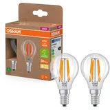Osram Energy Class LED-Lampe in klassischer Miniballform, 2.2 W / 470 lm, EEK A, warmweißes Licht (2700 K), CRI 80, aus klarfarbenem bleifreiem Glas, E14 Sockel, IP20, 45 mm Durchmesser.