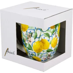 Tasse 10cm Porzellan mit Zitronen Motiv - 0,4L Keramiktasse Porzellangeschirr Kaffeetasse Teetasse Kakaotasse Sommergeschirr Porzellantasse Gelb Weiß