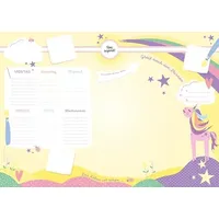 Nova MD Schreibtischunterlage Kinder aus Papier in Gelb / Rosa mit Einhorn Motiv | 50 Blatt zum Abreißen in DIN A2