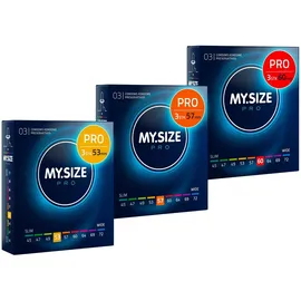 MY.SIZE PRO Elite Kondomset, Größe 3,4,5 53,57,60 mm, 3x3 Stück – Extra reines Vytex-Latex, leicht zu öffnen