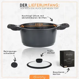 DIVORY Großer Kochtopf 20cm – 3L Topf groß mit Deckel, Gemüsetopf Induktion, Suppentopf mit abnehmbaren Griffen, Fleischtopf hoch Schwarz