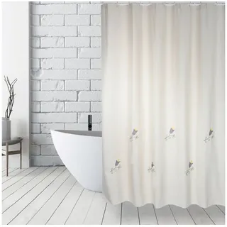 MSV Duschvorhang TULIP, Anti-Schimmel Textil-Duschvorhang, schwere Qualität Baumwolle/Polyester, wasserabweisend, Anti-Schimmel, Anti-Bakteriell, waschbar, Made in Spain, 180x200, beige-natur/bunt mit aufwendiger Stickerei