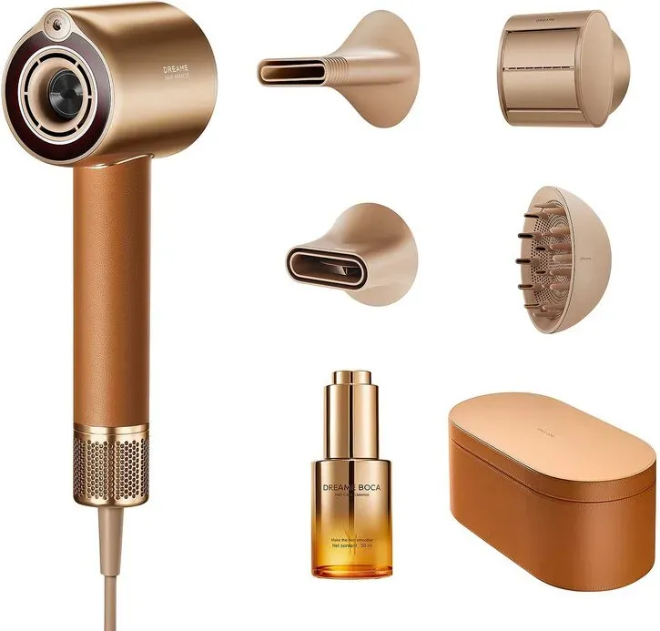 Dreame Miracle Pro Haartrockner 1600 W, 130.000 U/min, 70 m/s Luftgeschwindigkeit, LCD-Display, Ionen-Technologie, Kaltstufe, 5 Aufsätze, Reiseetui, Gold