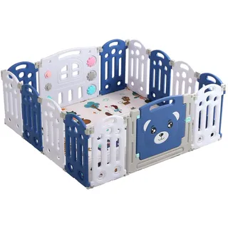 Kids Play Yard, 12+2 Faltbarer Baby Laufstall mit Bällebad und Rutsche, Blau und Weiß Bär Design, Indoor/Outdoor, Inklusive Krabbelmatte, für 6-36 Monate Baby (Laufstall)