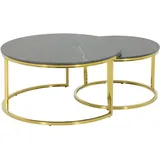 Hela Tische, 2er Set Couchtisch Joel, Rund, Sofatisch, Echtstein in Marmoroptik Glanz schwarz Metallgestell Gold, Ø 80+Ø 60cm