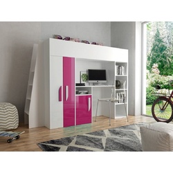 QMM TraumMöbel Hochbett Hochbett mit Schreibtisch Schrank Regal und Treppe PARIS 5 Hochglanz rosa
