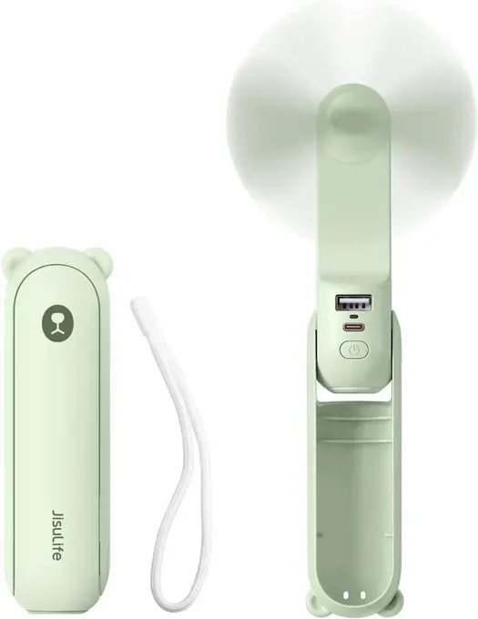 JISULIFE Mini-Handventilator, 3-in-1 (Personalventilator/2000 mAh wiederaufladbare Powerbank/Taschenlampe), Taschenformat für den Outdoor-Einsatz, Grün