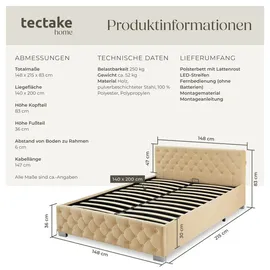 Tectake tectake® Polsterbett, in Samtoptik mit Steppmuster, inklusive hochklappbarem Lattenrost, großer Stauraum