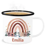 Emaille Becher Blechbecher - Boho - Regenbogen Rainbow - 300 ml - Weiß Schwarz - name blume tasse bohemian emilia tassen individuell personalisierte trinkbecher bedrucken personalisiertes