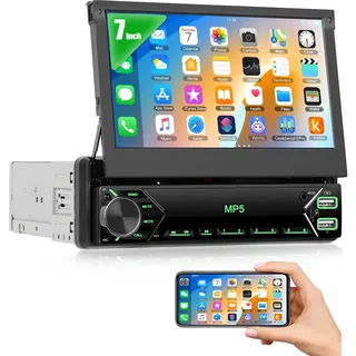 CAMECHO Radio 1 Din mit Bluetooth Freisprecheinrichtung,Autoradio mit 7 Zoll Ausfahrbarem Display,Bluetooth/FM Radio/Mirror Link/Lenkradsteuerung,Unterstützung USB/AUX/TF/Rückfahrkamera