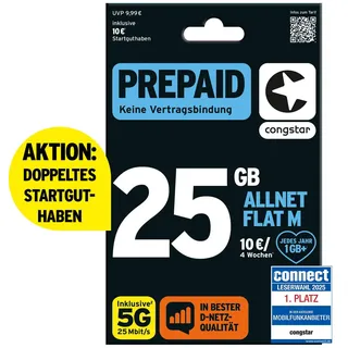 congstar Prepaid ALLNET M SIM-Karte ohne Vertrag I Prepaid-Paket in D-Netz-Qualität I 25 GB + 20€ Startguthaben I Telefonie & SMS Flat in alle dt. Netze I EU-Roaming inkl.