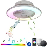 RGB Farbwechsel Deckenventilator mit Beleuchtung und Fernbedienung, LED 36W Leise Deckenventilatorlampe mit Bluetooth Musik APP, 56CM Weiß Deckenventilator Kompatibel mit Alexa und Google Assistant