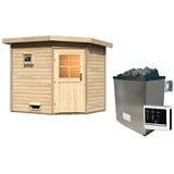 Woodfeeling Karibu Gartensauna Pultdach Saunahaus Mikka mit Eckeinstieg-9 kW Ofen inkl. Steuergerät-Klassische Saunatür (Klarglas) inkl. 8-teiligem gratis Zubehörpaket (Gesamtwert 191,92€)