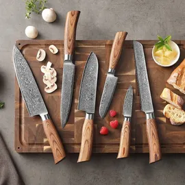 Wakoli Edib Pro 6er Damastmesser-Set I Holzbox I 8-20cm Klinge I Pakkaholzgriffe