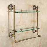 Generisch Handtuchstange Schwebende Regale Duschablage Badezimmerregal Badezimmer-Glasregal 2-stöckig mit Handtuchstange Duschregal Badekorb Wandhalterung Antik-Messing-Bronze-Finish