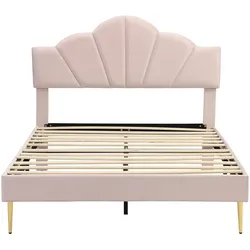 Merax Polsterbett, Samt Doppelbett mit höhenverstellbarem Muschel-Form-Kopfteil 140x190cm, rosa