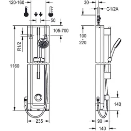 KWC AR Duschpaneel, F5, hydr., Edelstahl, Mischer, HB-Garnitur