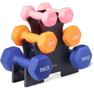 Amazon Basics Neoprene Dumbbell Weights Set with Stand, 1.5, 3, 5 kg Pairs