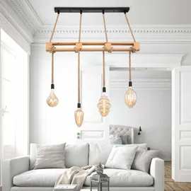 GLOBO Hängeleuchte Holz Esszimmerleuchte Balken Hängelampe Holzleuchte Hanfseil, natur, 4x E27 Fassungen, LxBxH 120x10x120cm