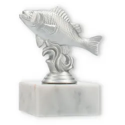 Pokal Kunststofffigur Flussbarsch silbermetallic auf weißem Marmorsockel 10,8cm
