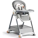 Nine point nine PU-Leder Hochstuhl Baby, Umbaubarer Klappbarer Hochstuhl Baby mit Liegefunktion, Kinderhochstuhl 6 Höhen 3 Liegepositionen, Baby Essen Stuhl Abnehmbaren Doppeltabletts Rädern (Grey)