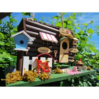 Hüwüknü Nistkasten Campingwagen, Vogelhaus zum Aufhängen, für Singvögel wie Spatzen, Meisen, Handarbeit aus Holz, bunt