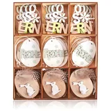 COM-FOUR 36x Dekoanhänger für Ostern - Holzaufhänger für den Osterstrauch - Osterschmuck aus Holz zum Aufhängen - Frühlingsdekoration - Ei, Hase, Schriftzug (weiß + braun + grün)