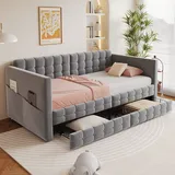 Chingnimon 90x190 Graues Velours-bankbett Mit Quadratischem Steppmuster, Doppelte Seitliche Taschen, 2 Stauraumschubladen, Lattenrost