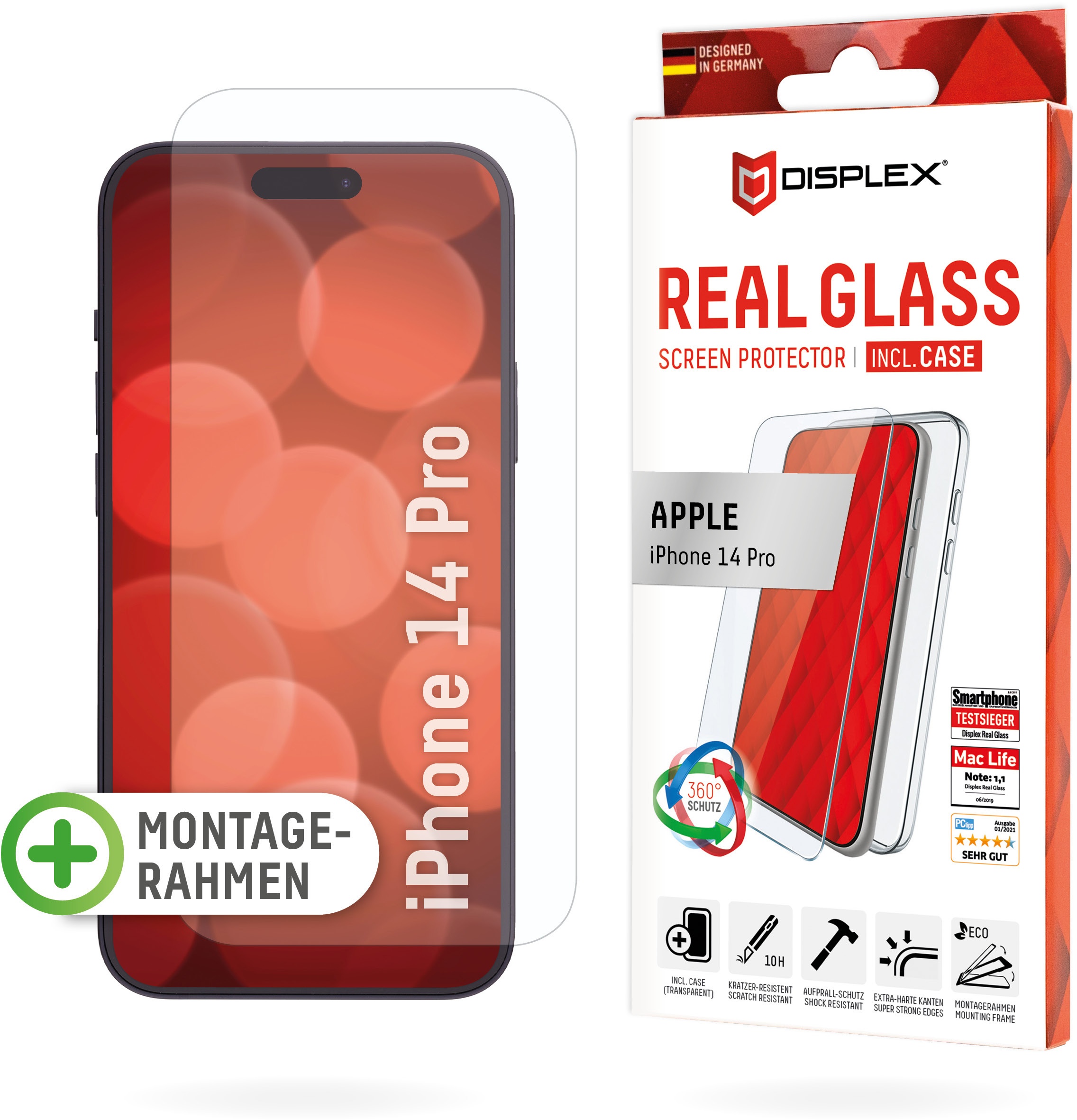 DISPLEX Panzerglas (10H) + Schutzhülle für Apple iPhone 14 Pro, Schutzhülle, Eco-Montagerahmen, kratzer-resistente Glasschutzfolie