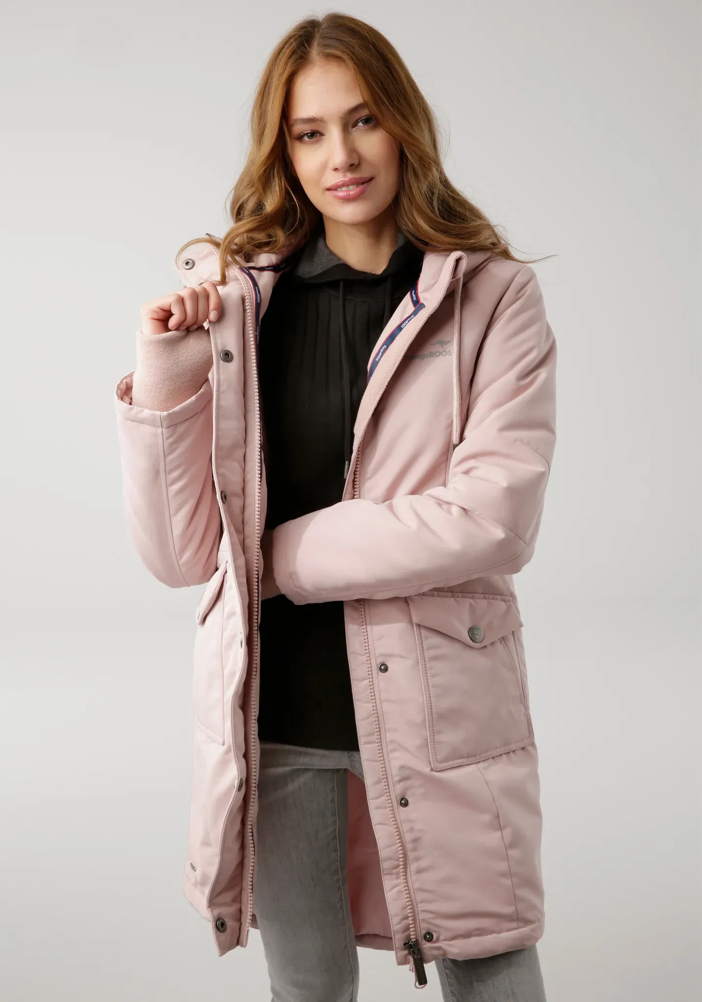 Langjacke KANGAROOS, Damen, Gr. 32, rosa, Web, Obermaterial: 100% Polyester. Futter: 100% Polyester. Wattierung: 100% Polyester, gepunktet, kontrastfarbene Details, unifarben mit Farbeinsatz, figurumspielend Po-bedeckend, Jacken Langjacke, für den Übergang, aus leichtem Webmaterial, modisch