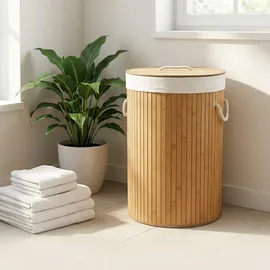 Relaxdays Wäschekorb Bambus, faltbare Wäschetonne mit Deckel, Volumen 70 l, Wäschesack Baumwolle, rund Ø 41 cm, natur