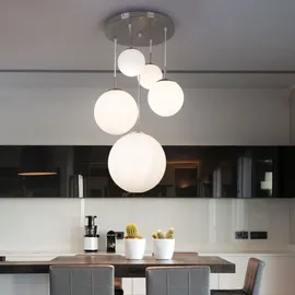GLOBO Hängelampe, Metall, Glaskugel, 5-flammig, silber, opal, H 90cm
