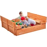 Vevor Sandkasten aus Holz, 132 x 120 x 43 cm, Sandkasten mit klappbaren Sitzbänken und Bodeneinlage, Sandkasten aus Naturholz für Kinder für den Garten, Strand, Park, Geschenk für Jungen und Mädchen
