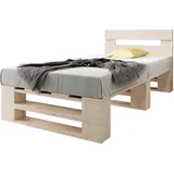 sunnypillow Palettenbett M2 aus Holz 90 x 200 cm mit Kopfteil und 2 Bettkästen Stabiles Holzbett Seniorenbett Kinderbett erhöhtes Einzelbett Bettgestell Futonbett Komforthöhe Naturholz