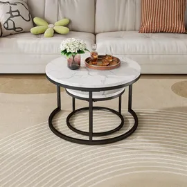 stilvora Couchtisch-Set 2-teilig rund,Wohnzimmertisch mit rutschfesten Fußpads, Beistelltisch mit Metallrahmen und Tischplatte Steinoptik - Schwarz