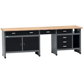 KÜPPER Werkbank Buchenholz 240x84x60 cm schwarz 6 Schubladen 2 Türen bestückt